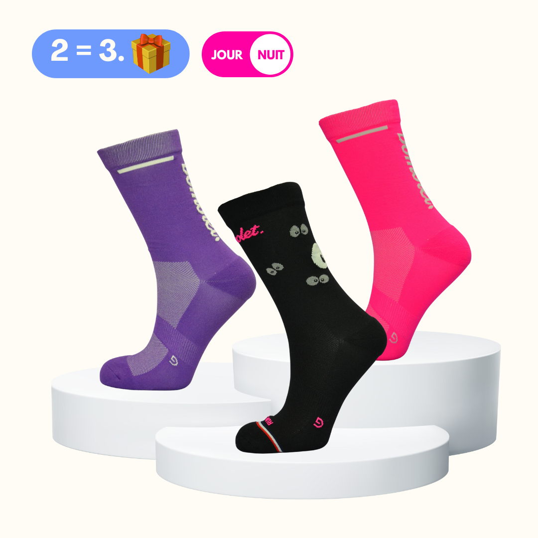 Trio Chaussettes : réfléchissante + rose fluo + violet