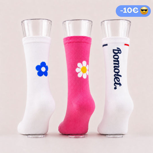 Trio Chaussettes : Fleur Bleu + Fleur Framboise + Hipster Blanc