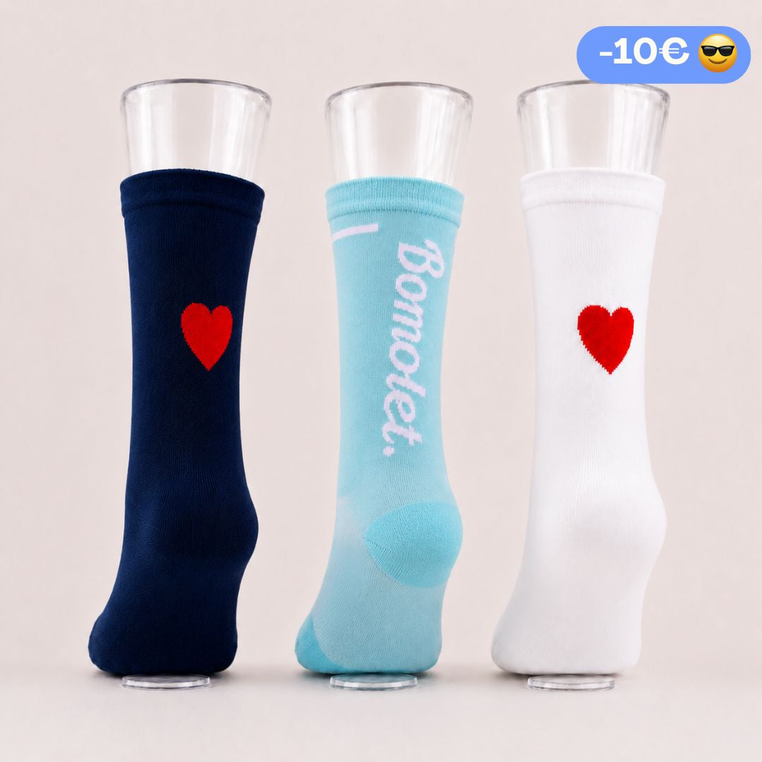 Trio Chaussettes : ciel + coeur blanc + coeur marine