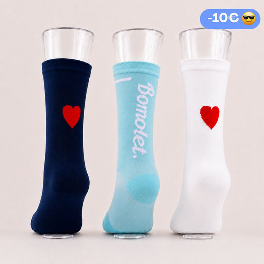Trio Chaussettes : ciel + coeur blanc + coeur marine