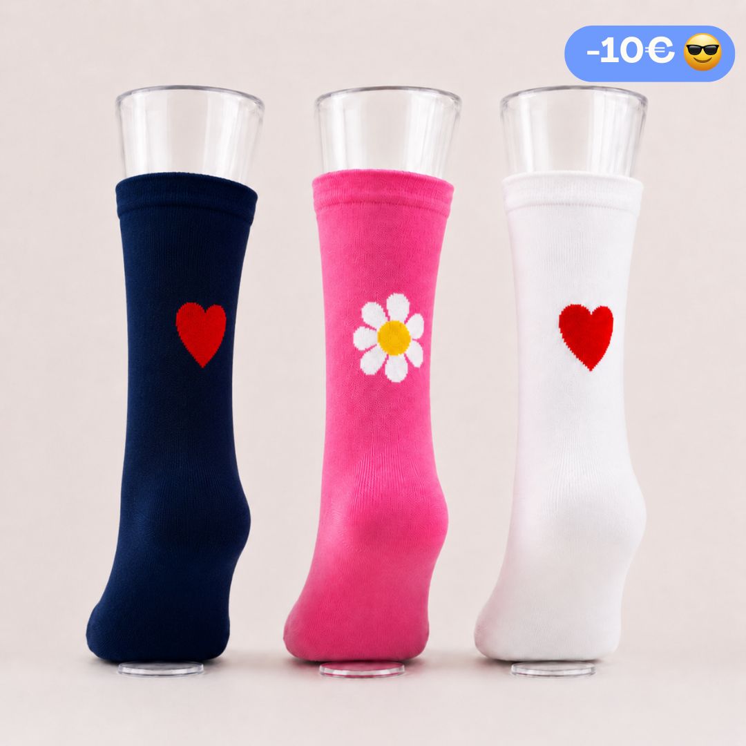 Trio Chaussettes : Coeur + Fleur Framboise + Coeur Marine
