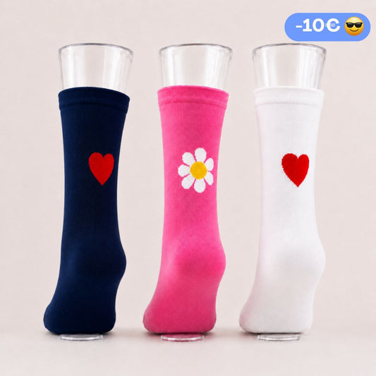 Trio Chaussettes : Coeur + Fleur Framboise + Coeur Marine