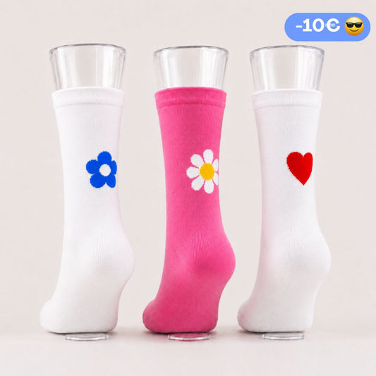 Trio Chaussettes : Fleur Bleu + Fleur Framboise + Coeur