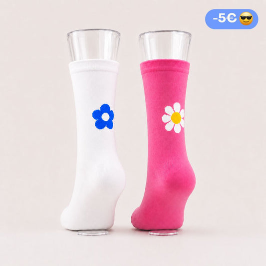 Duo Chaussettes : Fleur Bleue + Marguerite Framboise