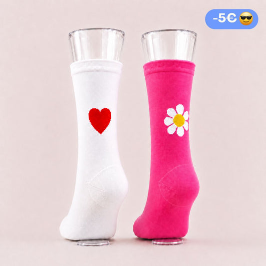 Duo Chaussettes : Coeur + Fleur Framboise