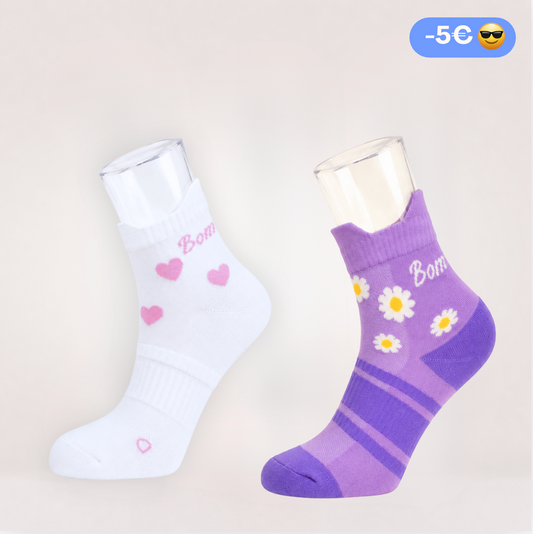Duo Chaussettes Basses Femme : Coeurs + Marguerites